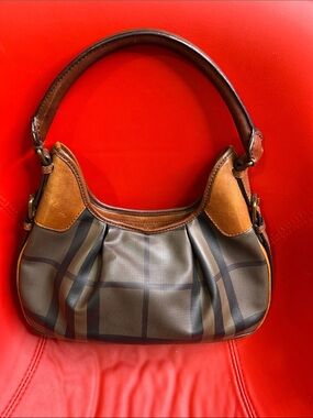 Burberry Brown Plaid Shoulder Hobo with Leather Trim